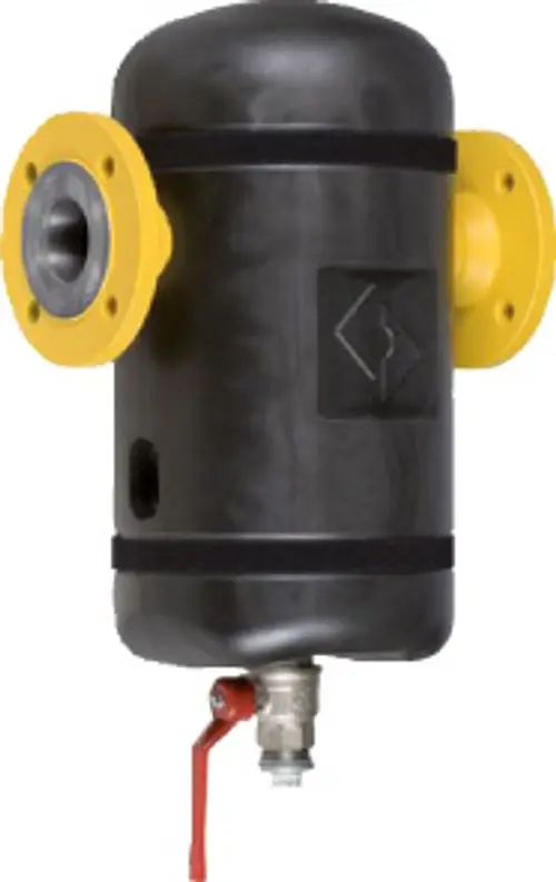 Schwarzer zylindrischer Behälter mit gelben Flanschen, seitlichem Anschluss und einem roten Ventil. Bosch Isolierung für Sanitärinstallationen.